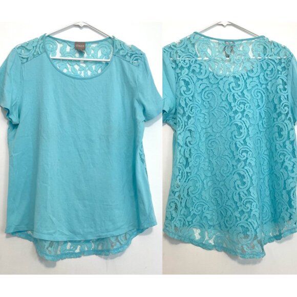 CHICO'S 2 Dionne Lace Back Cotton Modal Top Aqua Blue Crochet Short Sleeve Tee - Picture 1 of 16